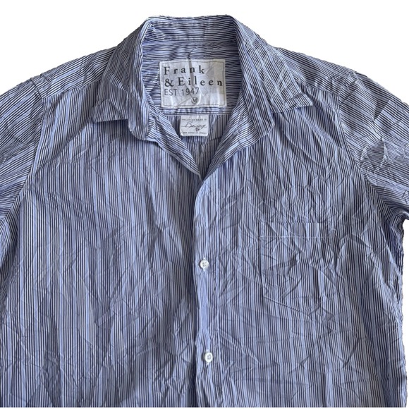 Frank & Eileen Barry Crinkle Shirt Womens Medium Blue Pinstripe Oxford Button Up - Picture 1 of 14